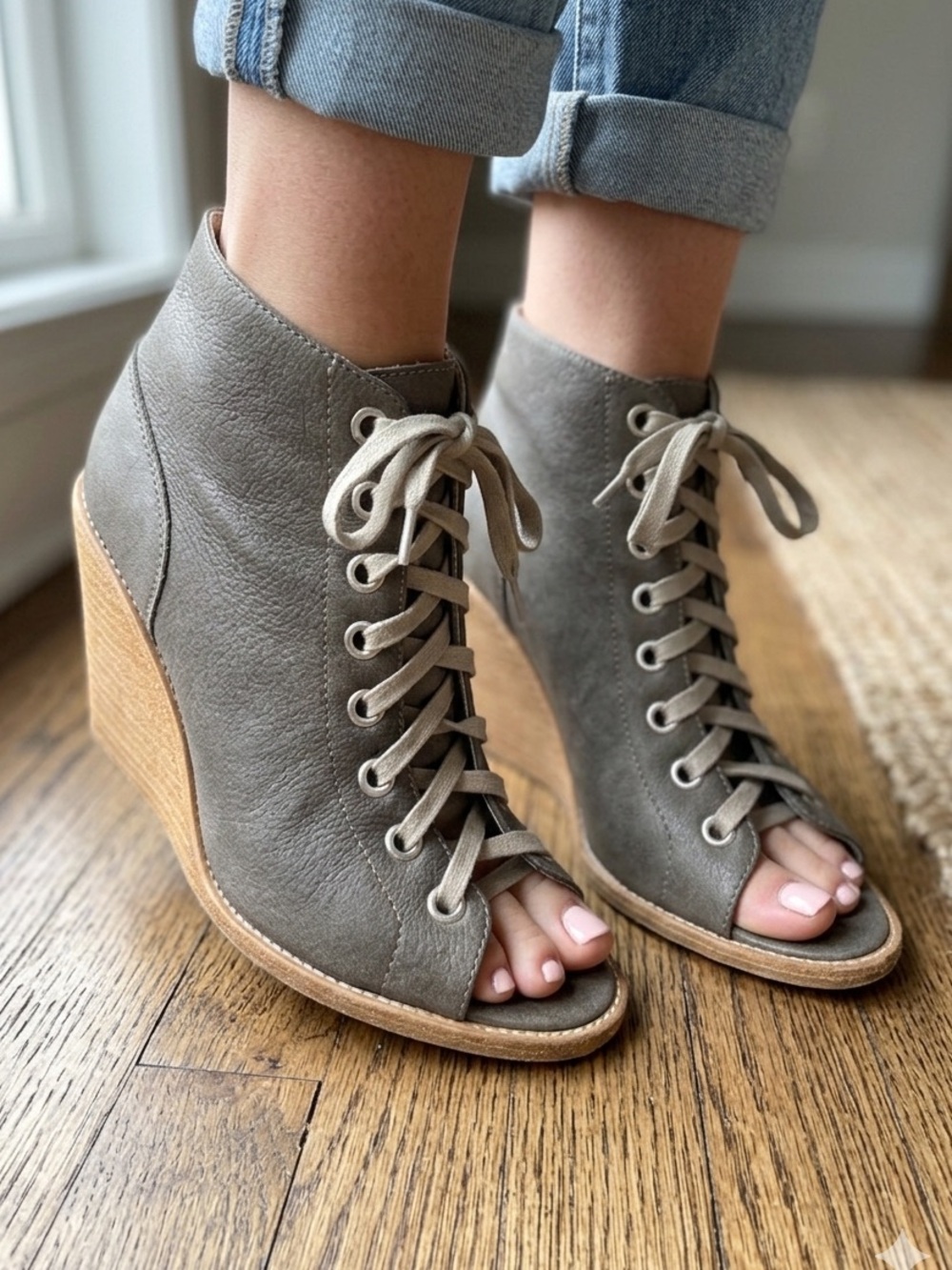 Peter Nappi Taupe Leather Wedge Lace Up Open Toe Booties Size 38 Made in Italy